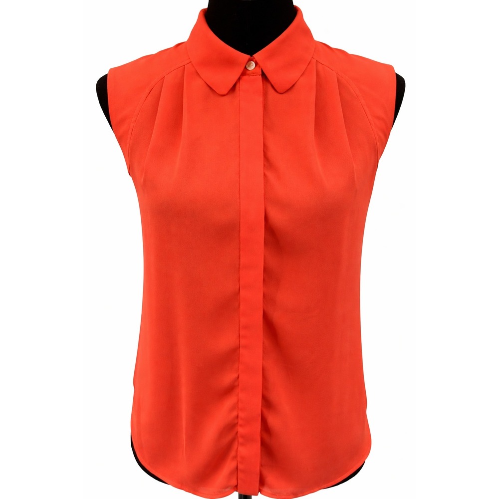 Halogen Womens Collared Sleeveless Button Down Sheer Blouse Size XS Orange